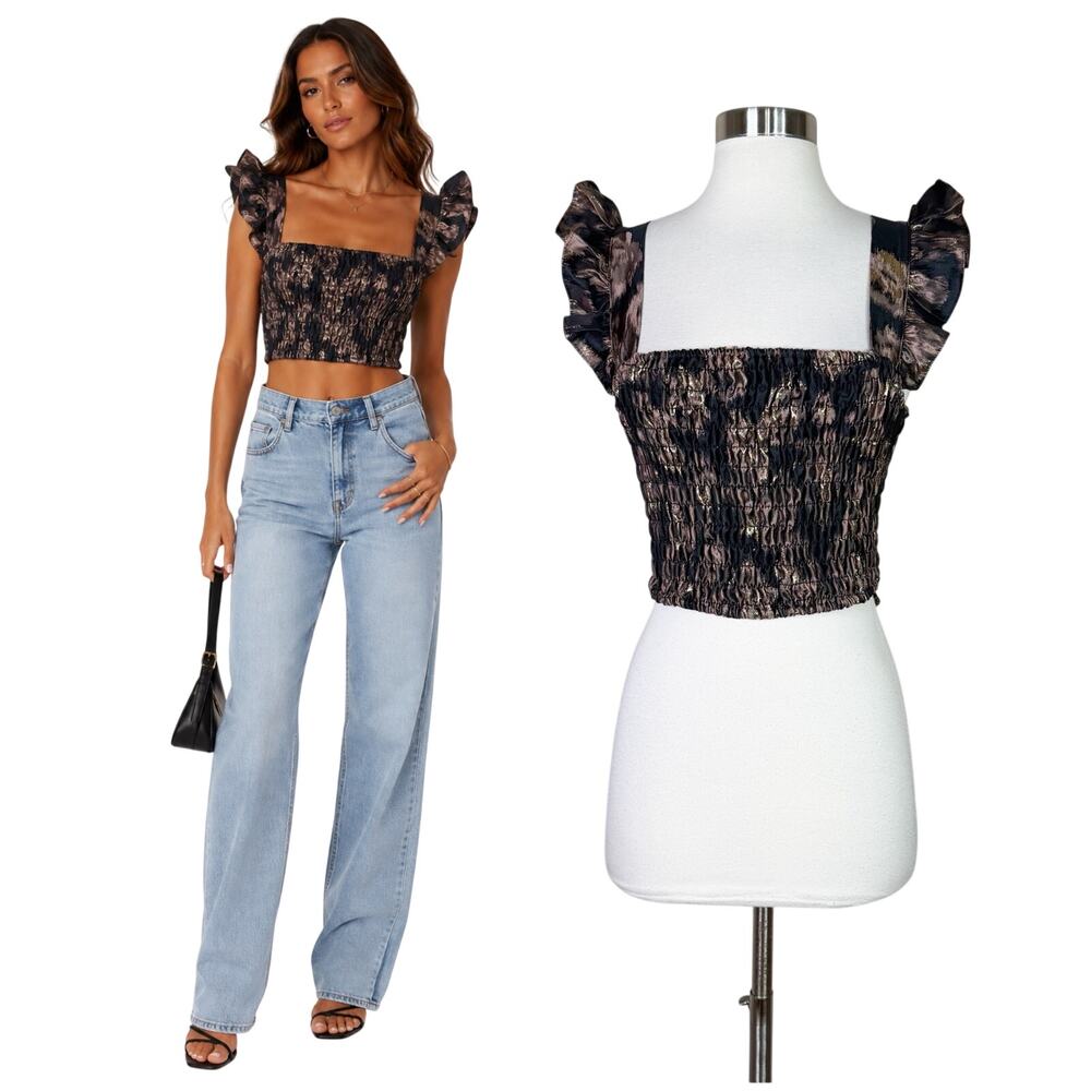 MISA Los Angeles | Abelia Metallic Gold Black Smocked Ruffle Crop Top Medium M